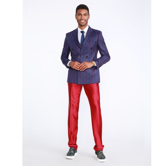 Mens Streak Pinstriped 2pc Double Breasted Suit, Blue w/ Red and White Stripes - Picture 1 of 9